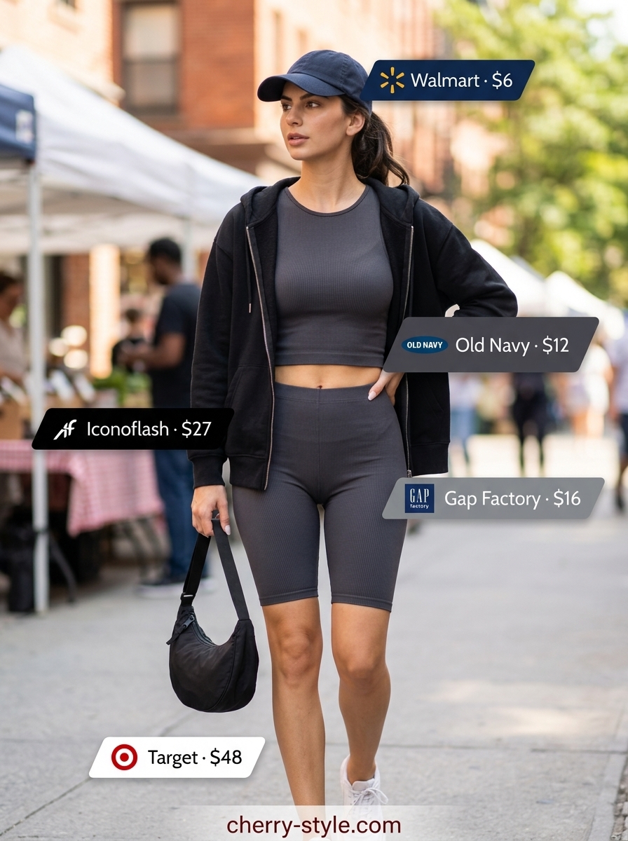 Trendy summer shopping day outfits 2026: Charcoal grey biker shorts set, oversized hoodie, baseball cap, and athletic sneakers.