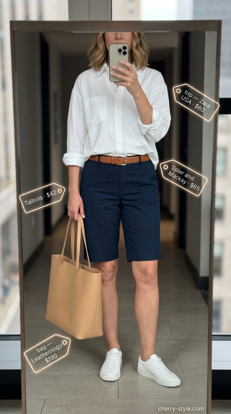 Trendy summer shopping day outfits 2026: Bermuda shorts, button-down shirt, loafers, and tote bag for preppy style.