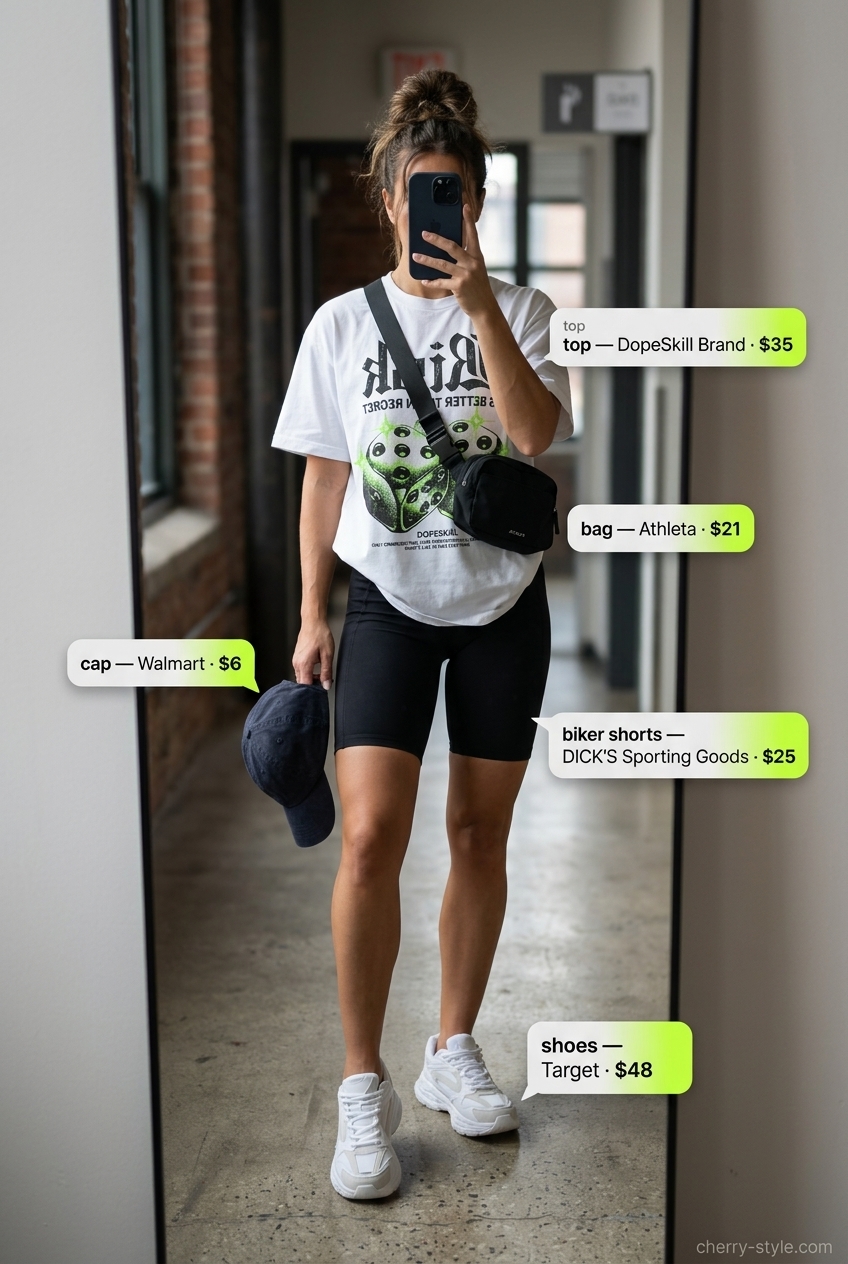 Trendy summer shopping day outfits 2026: Graphic tee, biker shorts, chunky sneakers, belt bag, and baseball cap.