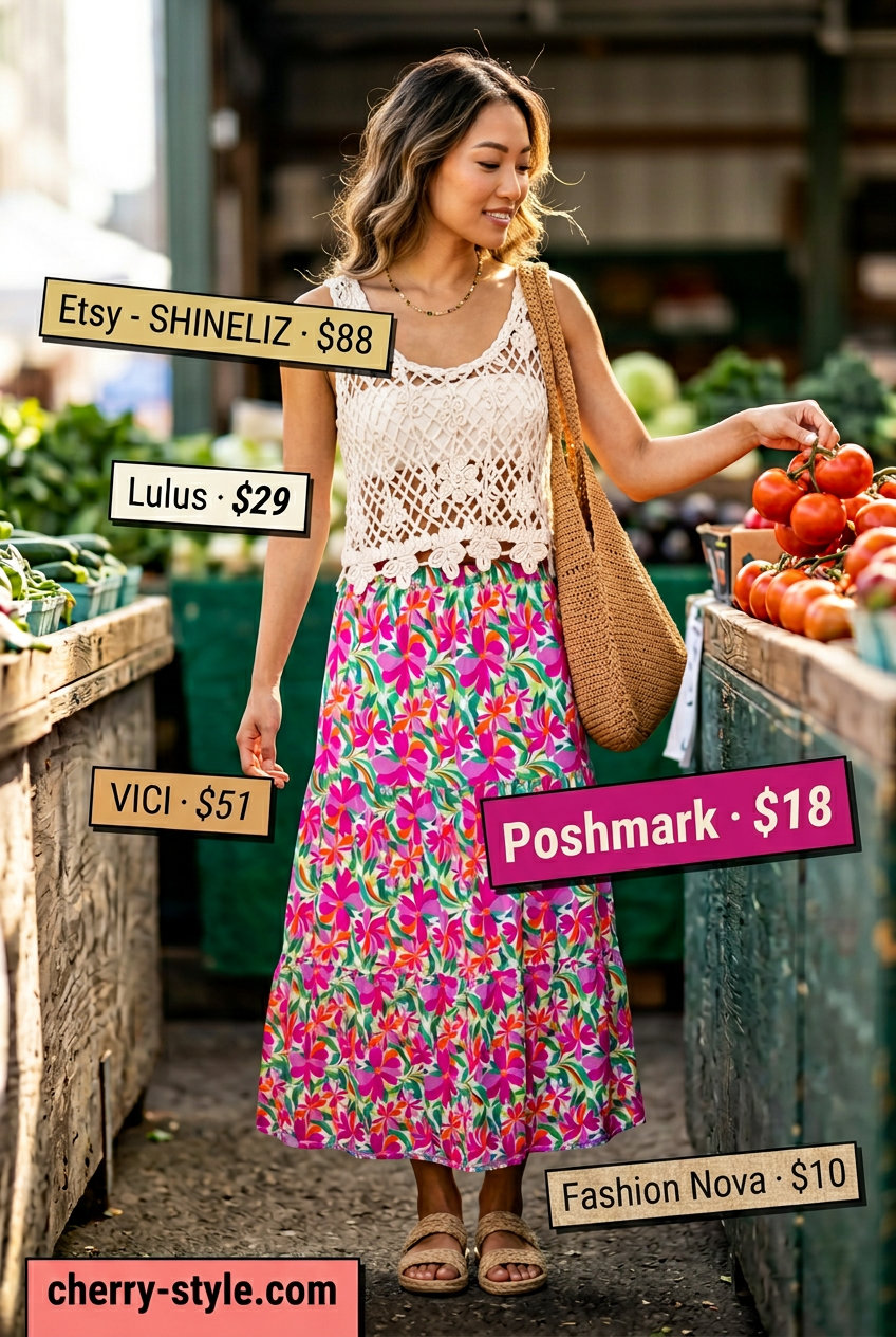 Boho market shopping outfits 2026: Floral maxi skirt, crochet top, espadrilles & straw tote.