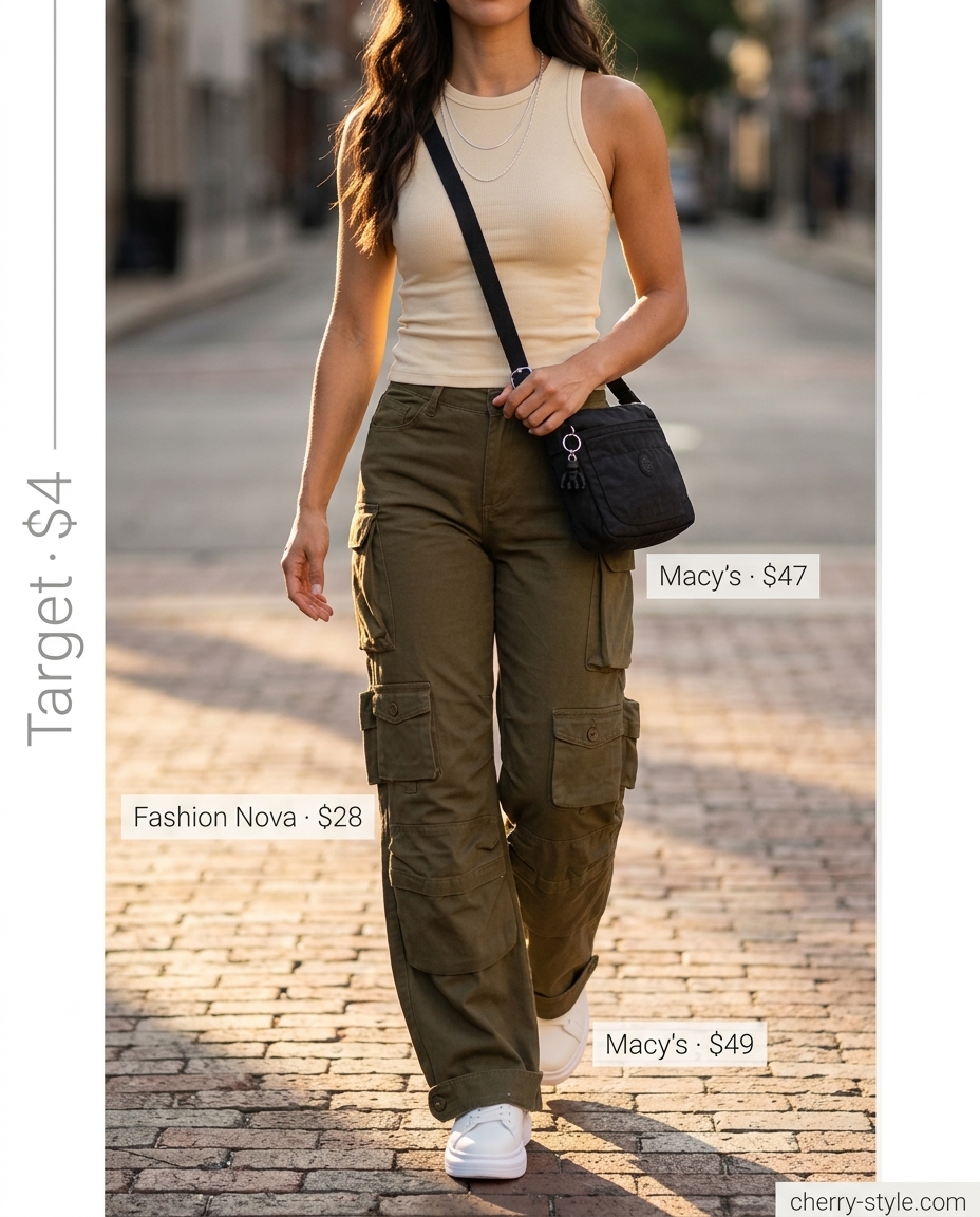 Trendy summer shopping day outfits 2026: Cargo pants, knit tank, chunky sneakers, and crossbody bag for urban exploration.