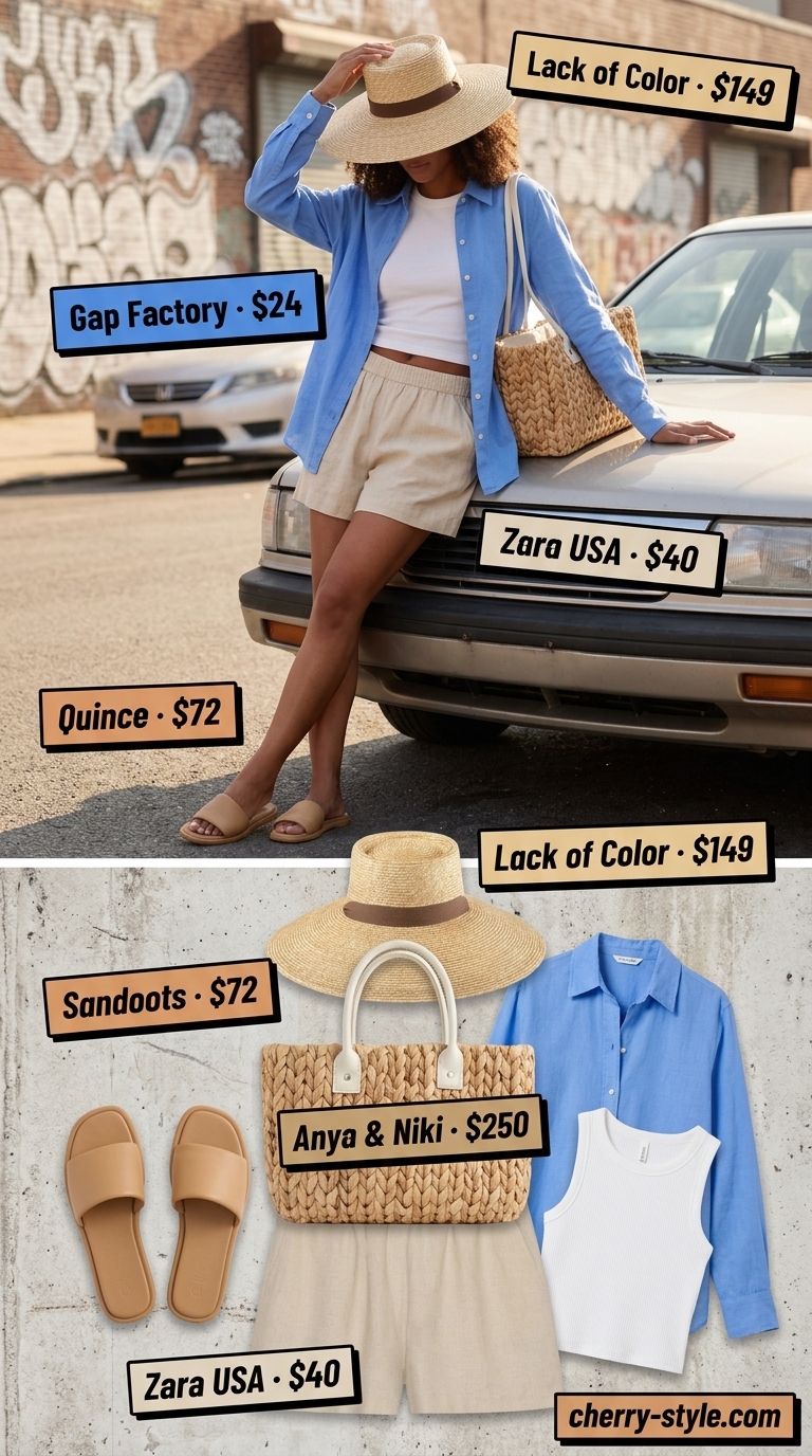 Coastal shopping day outfit 2026: Linen shorts, oversized shirt, straw hat & tote for beach town errands.