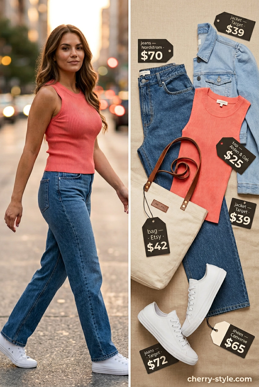 Trendy summer shopping day outfits 2026: High-waisted jeans, cropped denim jacket, coral tank, and tote bag.