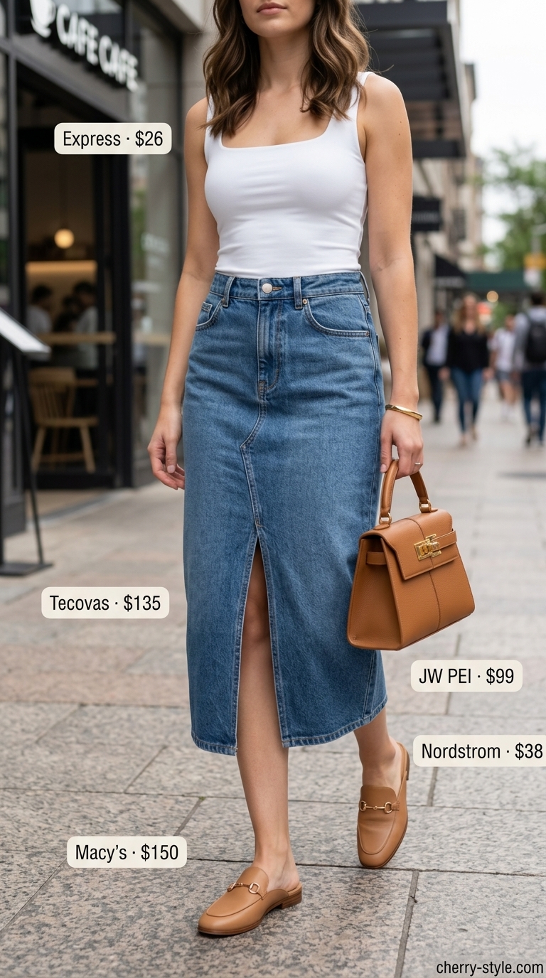 Trendy summer shopping day outfits 2026: Denim midi skirt, white tank, tan mules, crossbody bag, and gold bangle.