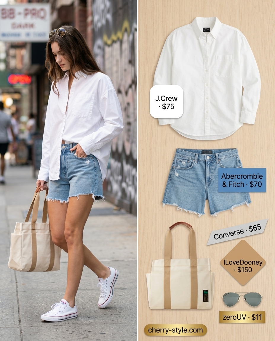 Trendy summer shopping day outfits 2026: Denim shorts, white oversized shirt, aviator sunglasses, and canvas tote.