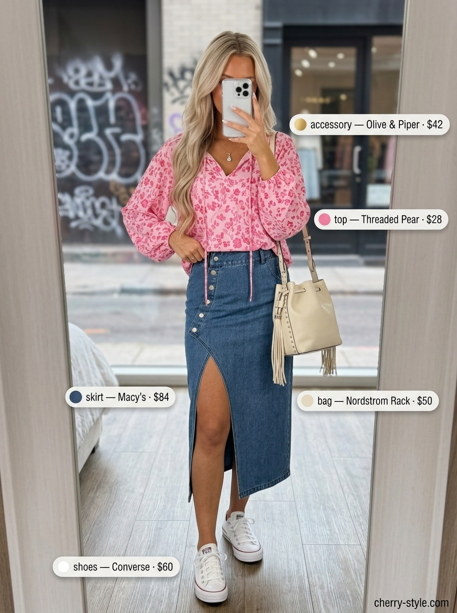 Trendy summer shopping day outfits 2026: A-line denim midi skirt, puff-sleeve blouse, sneakers, and bucket bag.