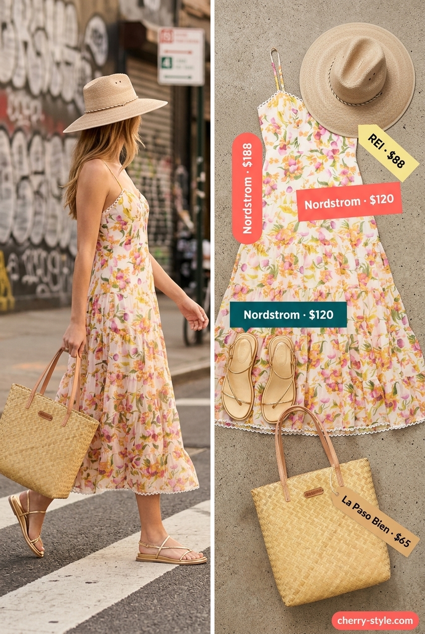 Trendy summer shopping day outfits 2026: Floral maxi dress, straw hat, woven tote, and strappy sandals.