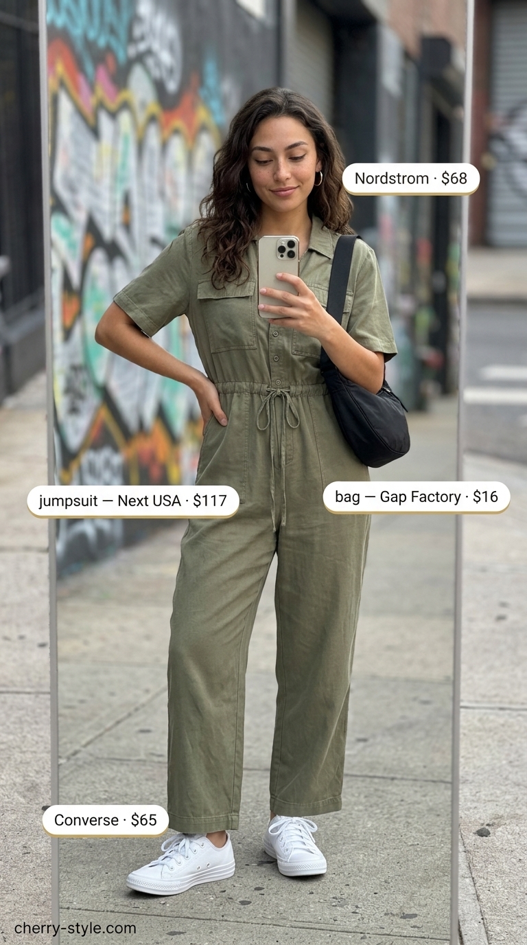 Trendy summer shopping day outfits 2026: Khaki utility jumpsuit, sneakers, and crossbody bag for effortless style.