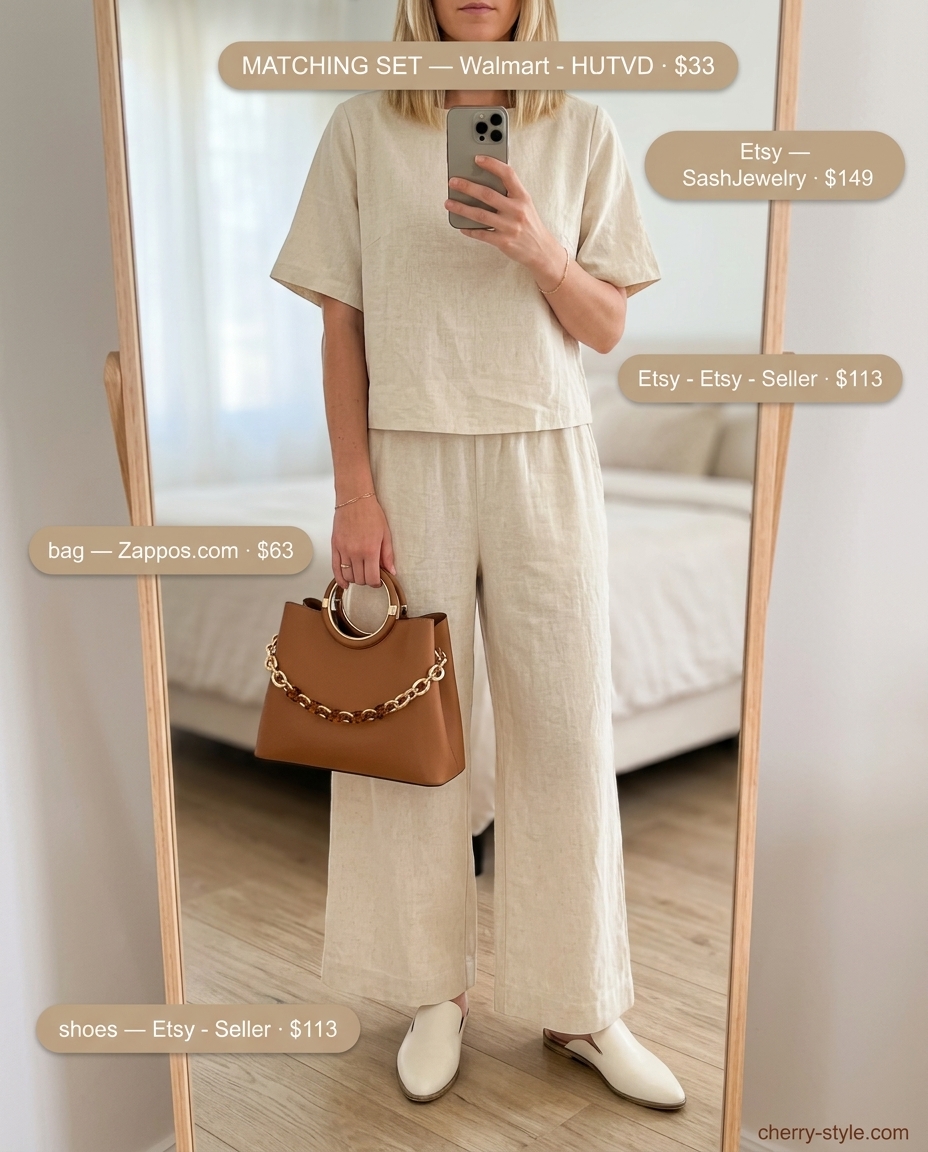Trendy summer shopping day outfits 2026: Linen pants, cropped shirt, mules, and shoulder bag for chic ease.