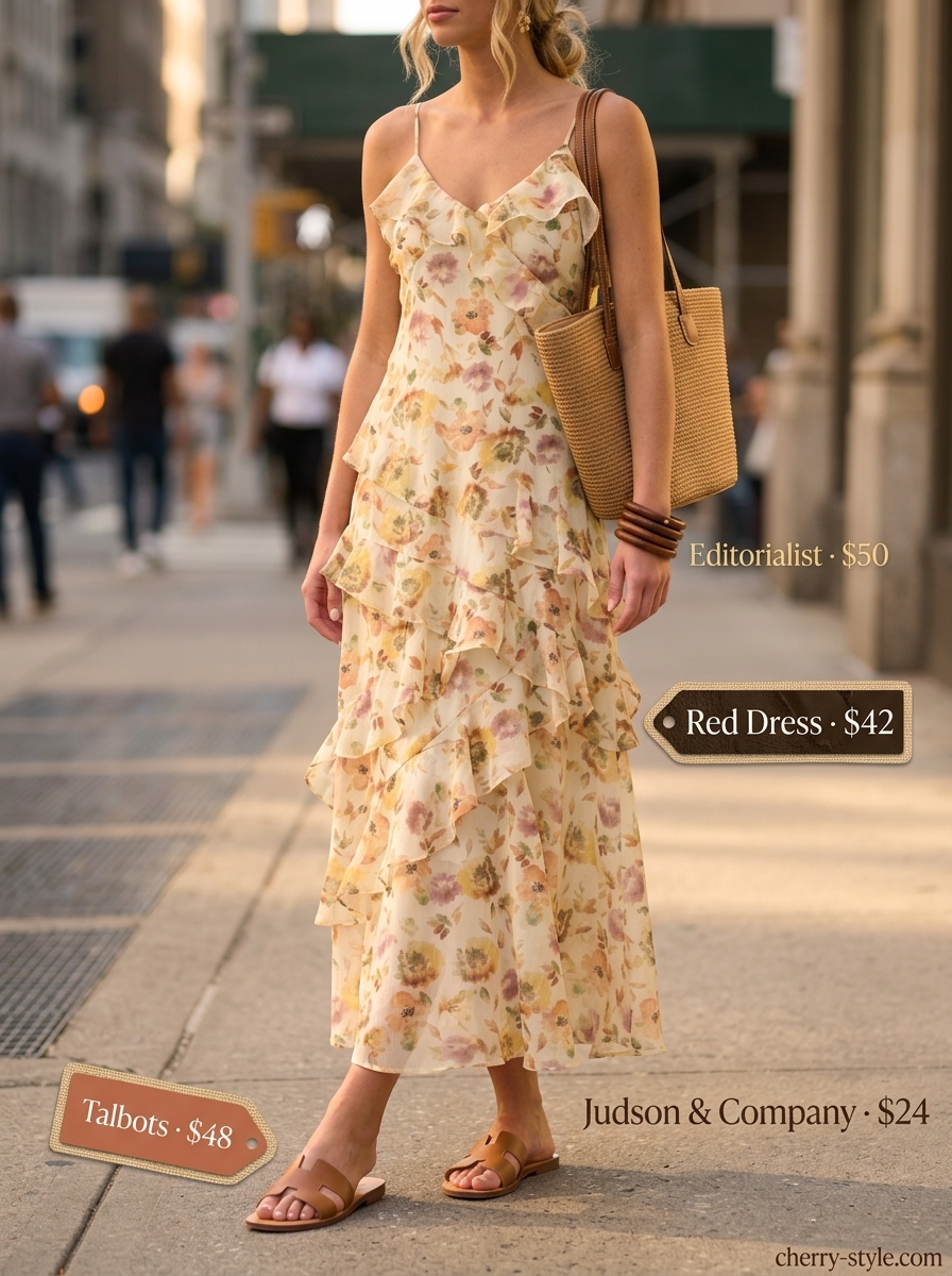 Trendy summer shopping day outfits 2026: Flowy maxi dress, leather slides, straw tote, and wood bangles.