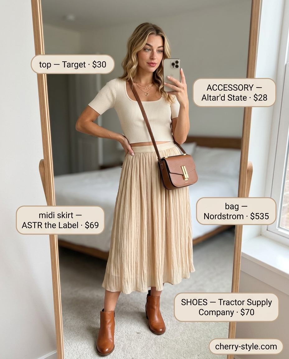 Trendy summer shopping day outfits 2026: Pleated midi skirt, knit top, ankle boots, and crossbody bag.
