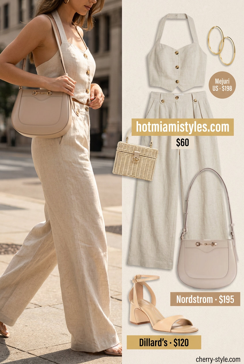 Modern minimalist shopping outfits 2026: Linen set, block heels, gold hoops & crossbody bag.