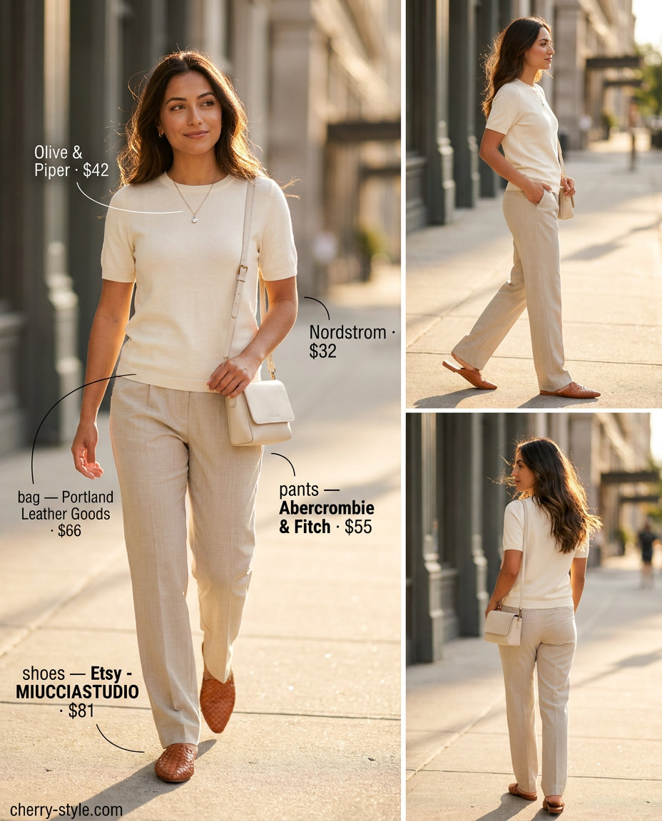 Monochrome shopping outfits 2026: Beige trousers, knit sweater, leather mules & crossbody bag.