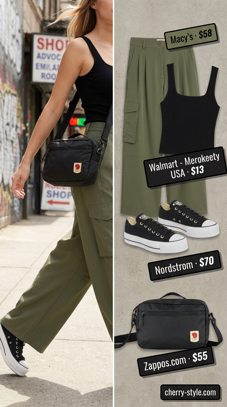 Trendy summer shopping day outfits 2026: Olive green cargo pants, black tank, silver hoops, and chunky sneakers for city exploration.