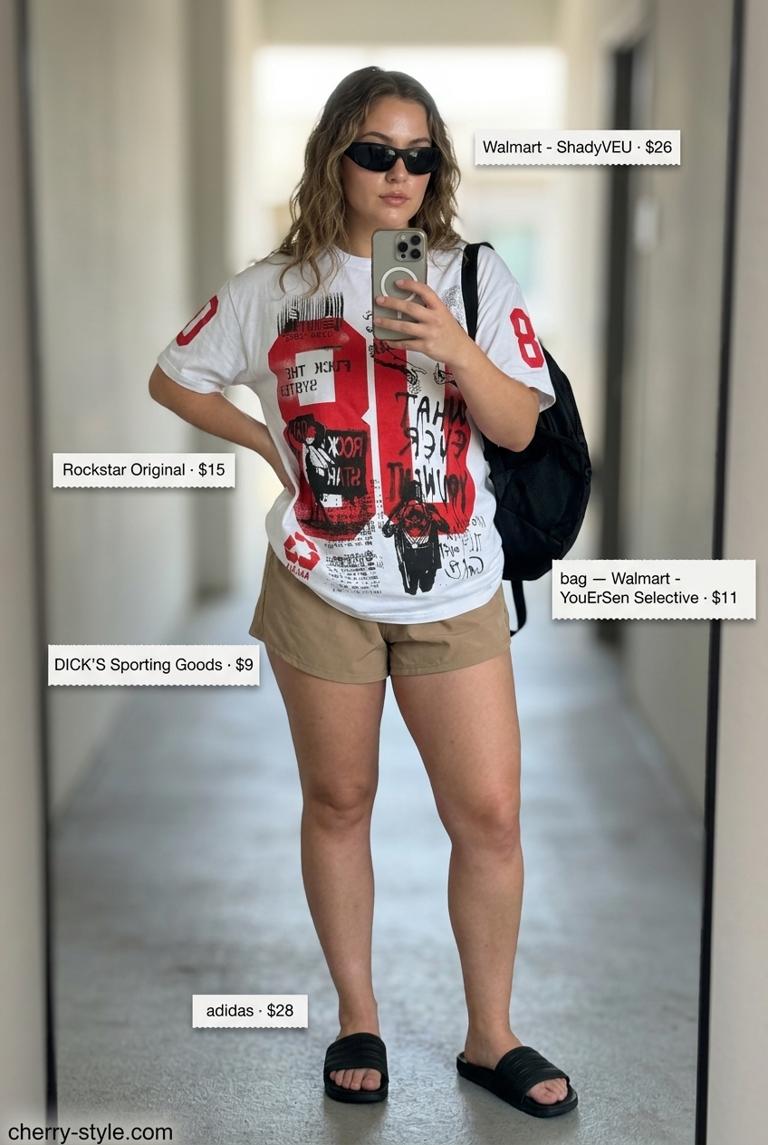 Sporty summer shopping outfits 2026: Graphic tee, athletic shorts, drawstring backpack & slides.