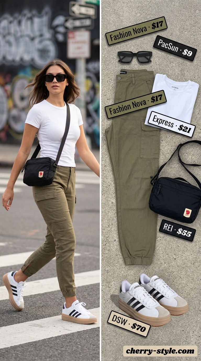 Urban explorer shopping outfits 2026: Cargo pants, fitted knit top, chunky sneakers & crossbody bag.
