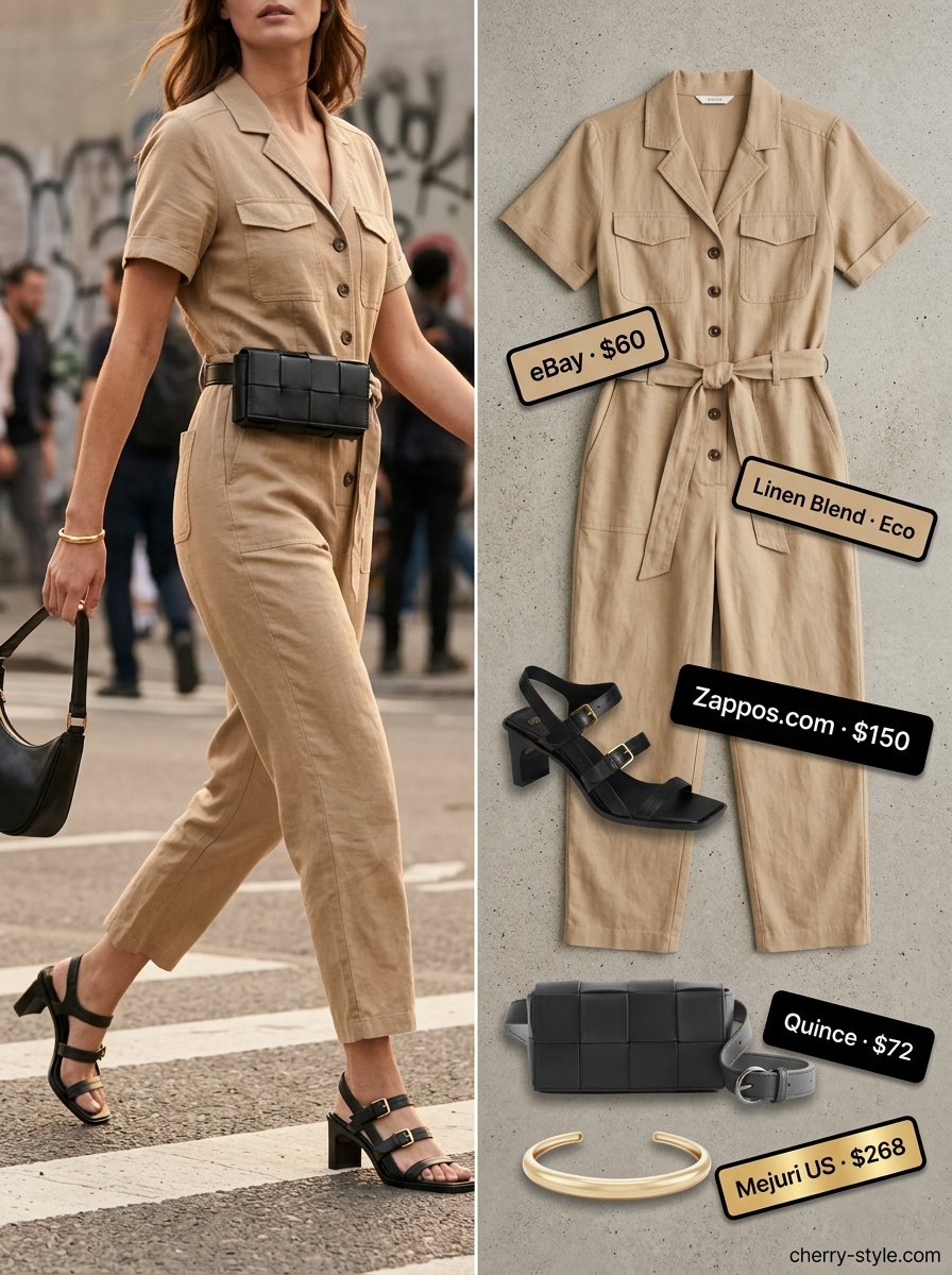 Trendy summer shopping day outfits 2026: Khaki utility jumpsuit, black sandals, gold cuff, and belt bag.
