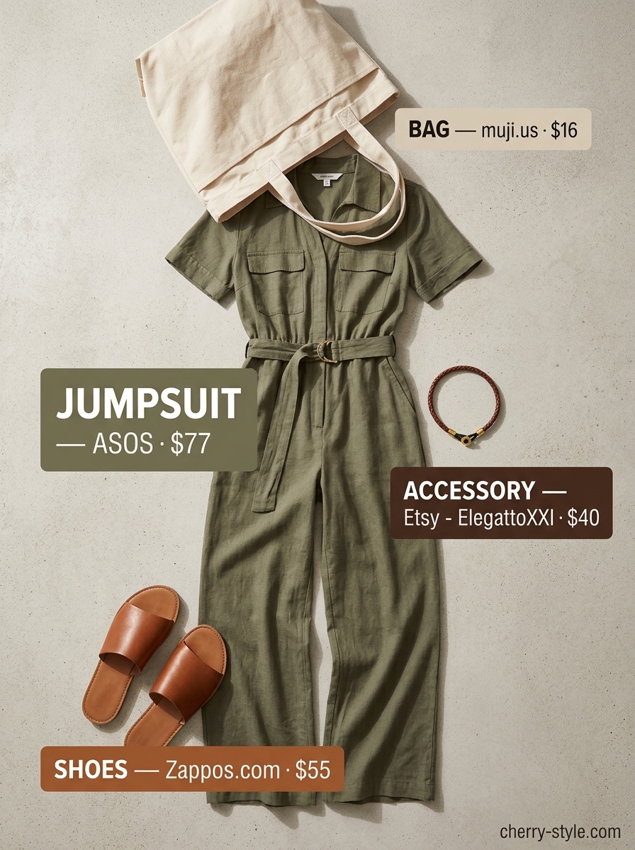 Weekend market shopping outfits 2026: Utility jumpsuit, leather sandals, canvas tote bag.