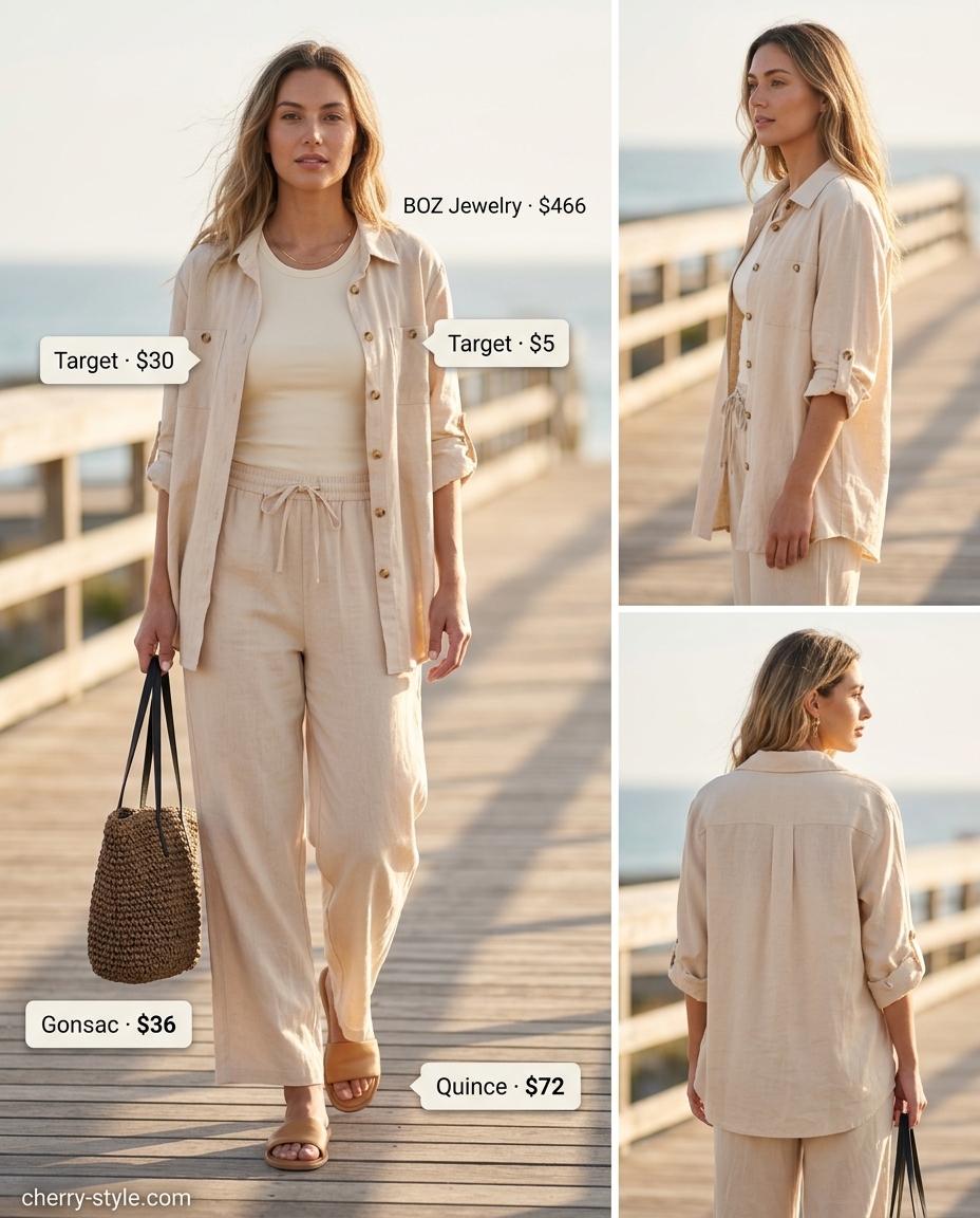 Linen Set: Vintage Summer Outfits for Women 2026 Beige linen set for vintage summer outfits for women 2026. Oversized shirt, wide-leg pants, ribbed tank, straw tote, leather slides.