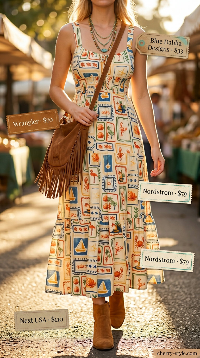 Bohemian Maxi Dress | Vintage Summer Outfits 2026 Bohemian maxi dress for vintage summer outfits for women 2026: teal/orange dress, suede boots, fringe bag, layered necklaces.