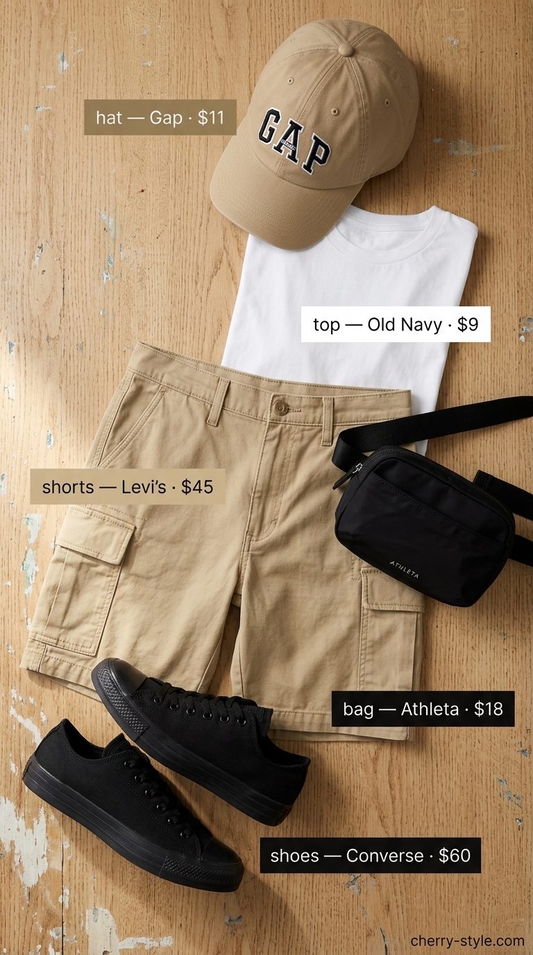 Casual Cargo Shorts: Vintage Summer Outfits for Women 2026 Vintage summer outfits for women 2026: Casual cool khaki cargo shorts, white tee, sneakers & belt bag.