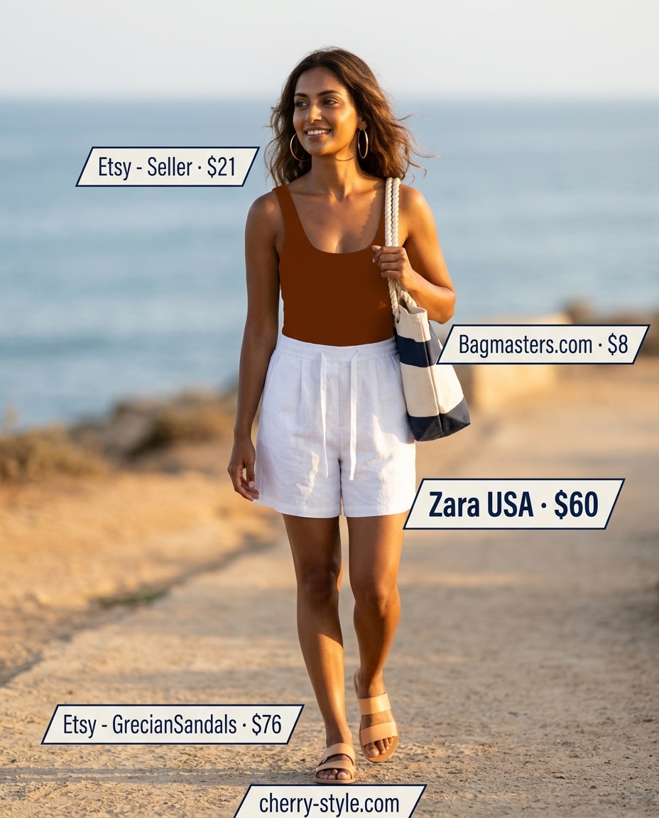 Coastal Linen Set | Vintage Summer Outfits 2026 Coastal linen set for vintage summer outfits for women 2026: white shirt, navy shorts, tan sandals, straw tote, gold hoops.
