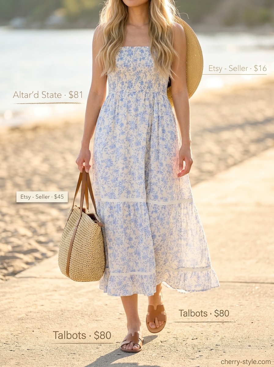 Coastal Maxi Dress | Vintage Summer Outfits 2026 Coastal maxi dress for vintage summer outfits for women 2026: blue floral dress, straw hat, leather sandals, straw tote.