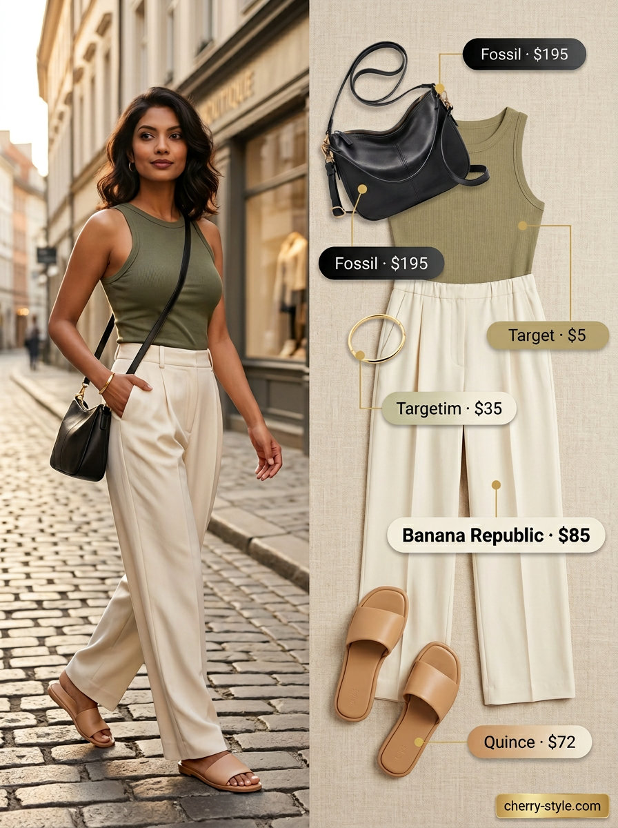 Wide-Leg Pants: Vintage Summer Outfits for Women 2026 Cream wide-leg pants outfit for vintage summer outfits for women 2026. Olive knit top, leather slides, structured bag, gold bangle.