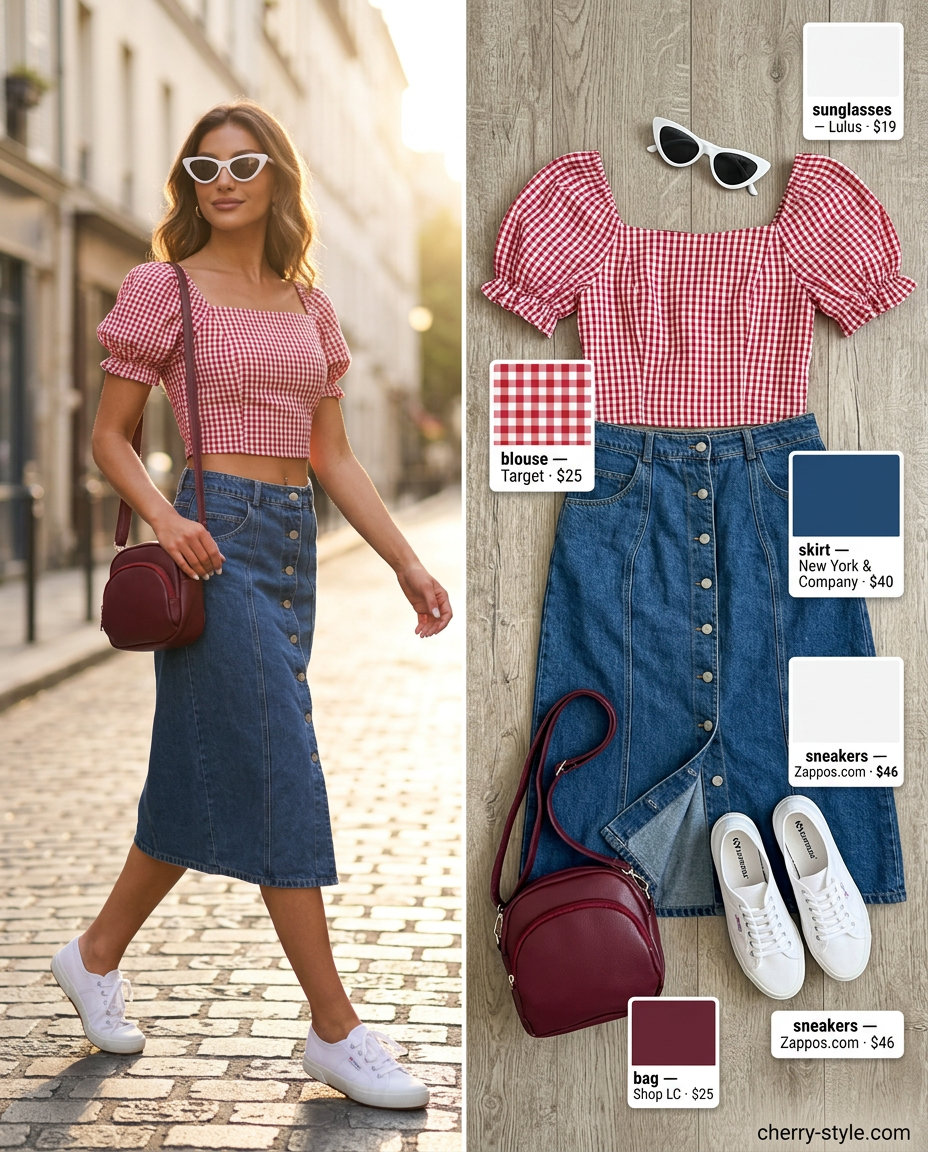 Denim Skirt Outfit: Vintage Summer Outfits for Women 2026 Denim skirt outfit for vintage summer outfits for women 2026. Gingham top, red bag, cat-eye sunglasses, canvas sneakers.