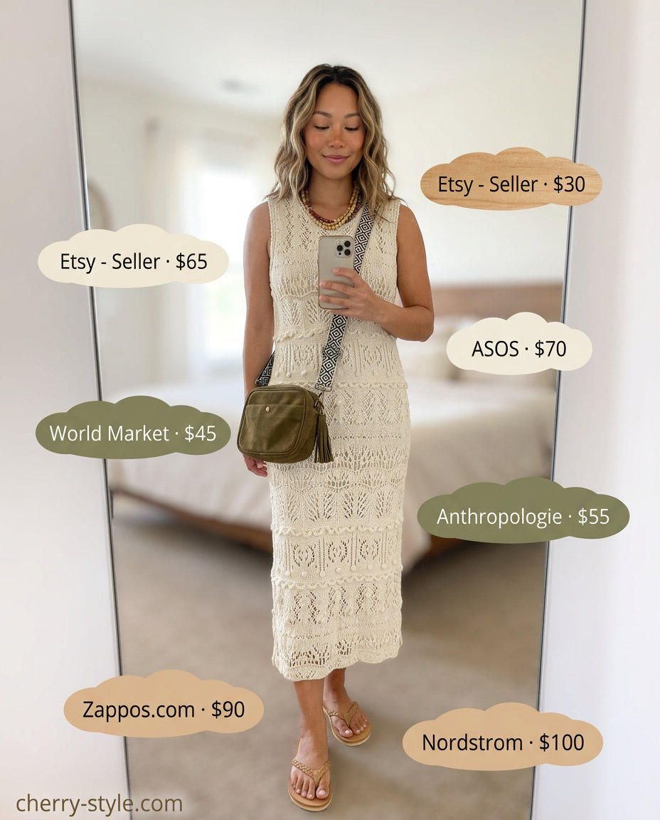 Crochet Dress: Vintage Summer Outfits for Women 2026 Ecru crochet dress for vintage summer outfits for women 2026. Midi length, suede bag, leather sandals, layered necklaces.