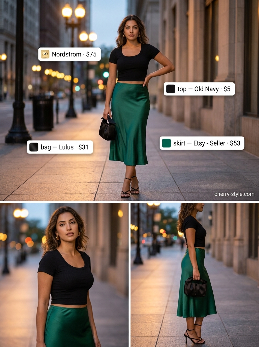 Satin Skirt: Vintage Summer Outfits for Women 2026 Emerald green satin skirt outfit for vintage summer outfits for women 2026. Black crop top, heeled sandals, clutch, statement earrings.