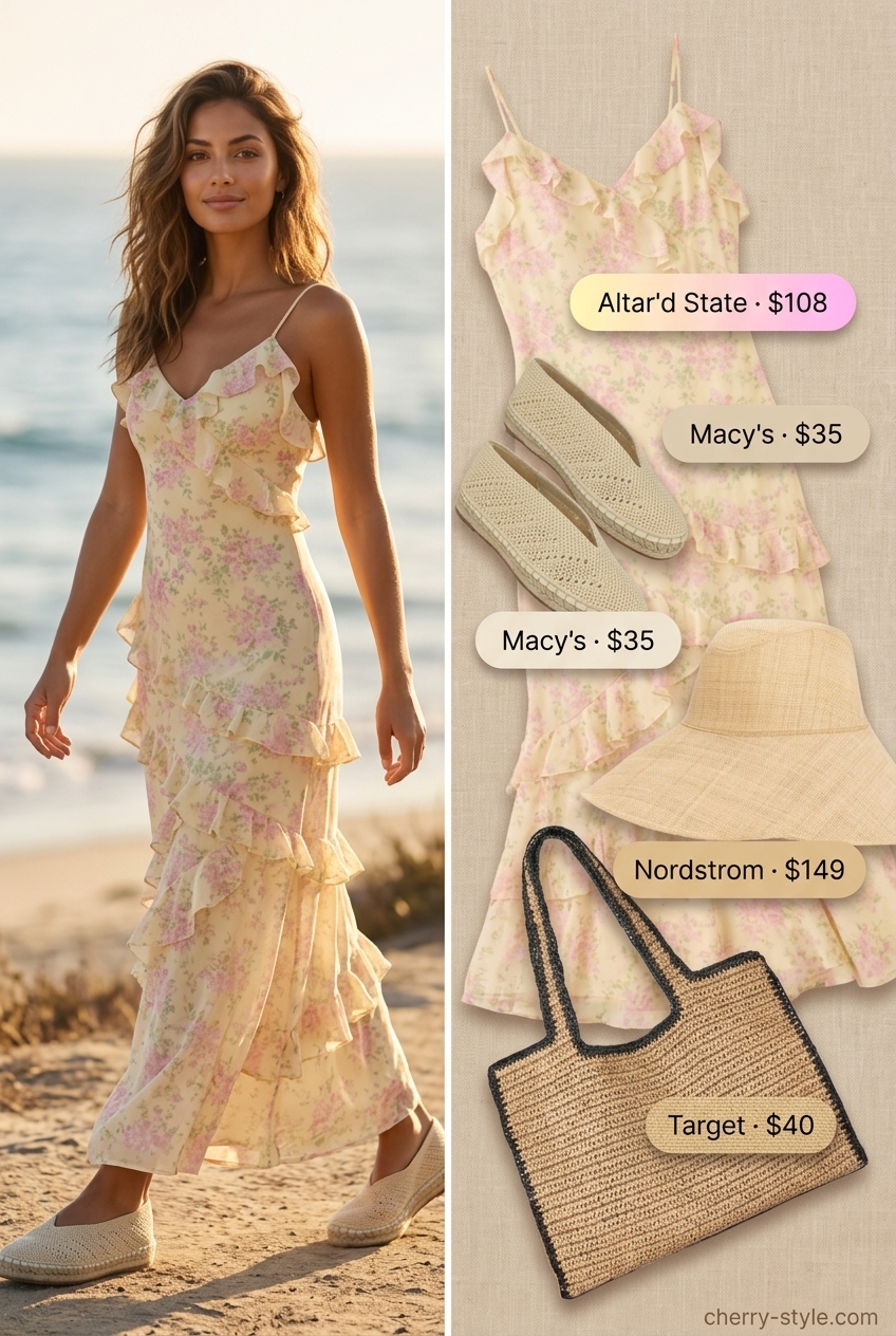 Floral Maxi Dress: Vintage Summer Outfits for Women 2026 Vintage summer outfits for women 2026: Pastel floral maxi dress, espadrilles & straw hat for beach day.