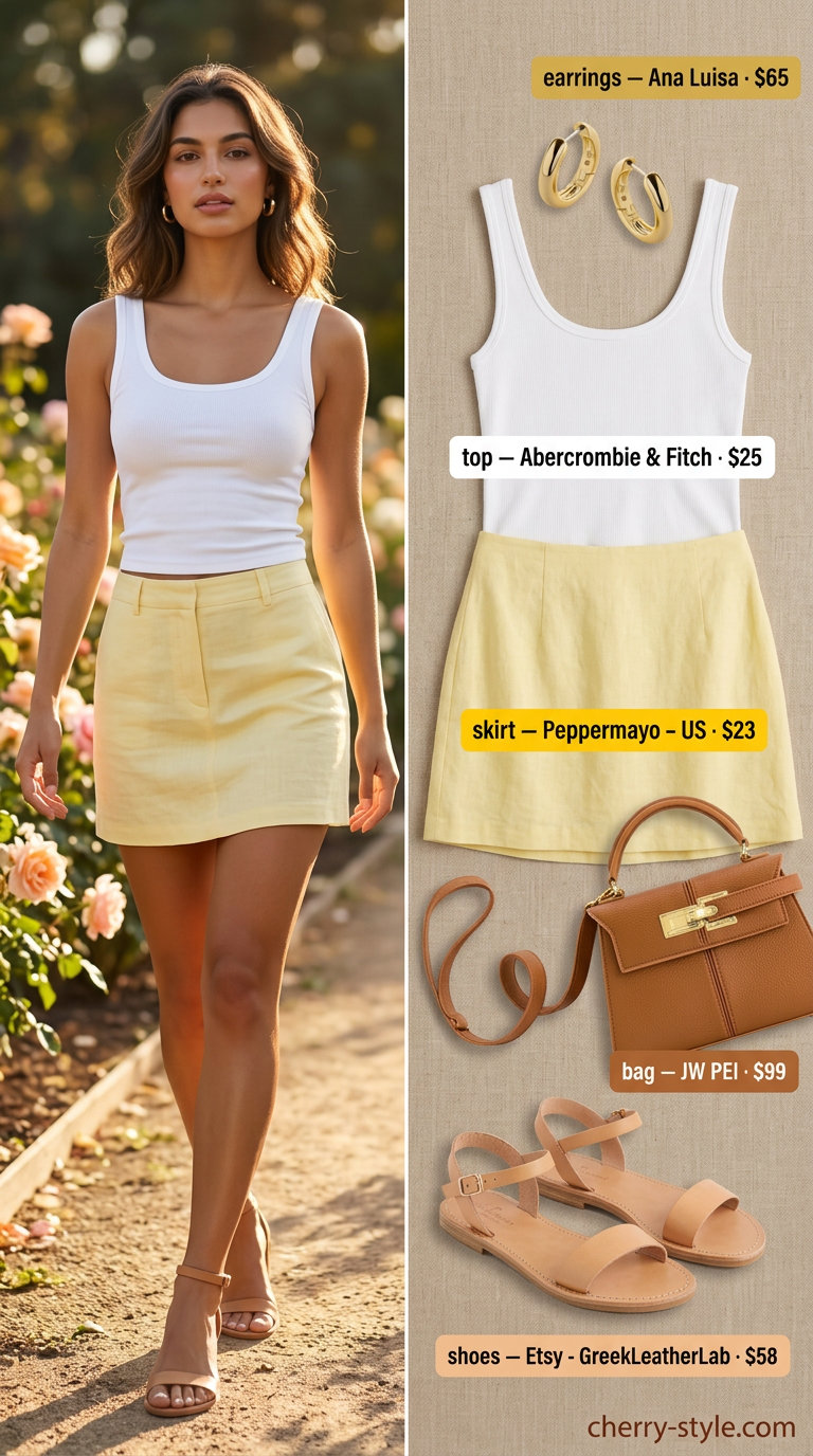 Garden Party Skirt: Vintage Summer Outfits for Women 2026 Vintage summer outfits for women 2026: Yellow linen skirt, white tank, sandals for a garden party.