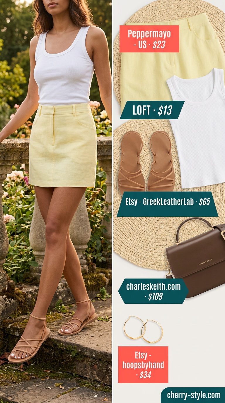 Garden Party Skirt | Vintage Summer Outfits 2026 Garden party skirt outfit for vintage summer outfits for women 2026: yellow skirt, white tank, tan sandals, top-handle bag.
