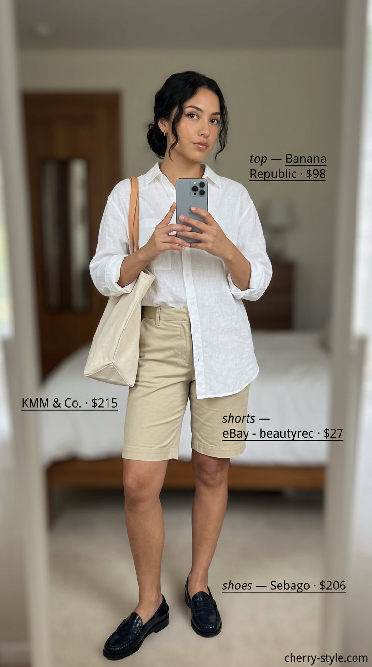 Bermuda Shorts: Vintage Summer Outfits for Women 2026 Khaki Bermuda shorts outfit for vintage summer outfits for women 2026. Linen shirt, loafers, canvas tote, baseball cap.