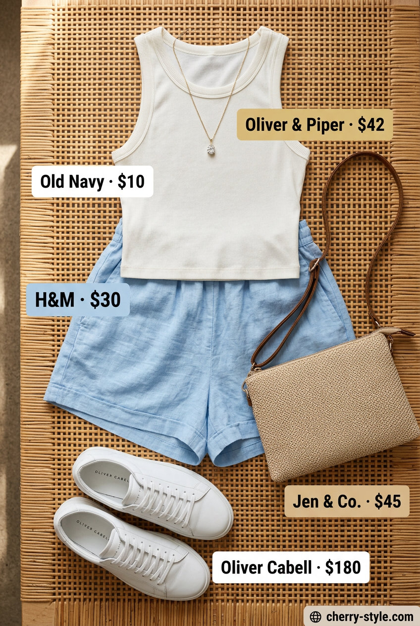 Linen Shorts Set: Vintage Summer Outfits for Women 2026 Light blue linen shorts set for vintage summer outfits for women 2026. High-waisted shorts, ribbed tank, crossbody bag, gold necklace.