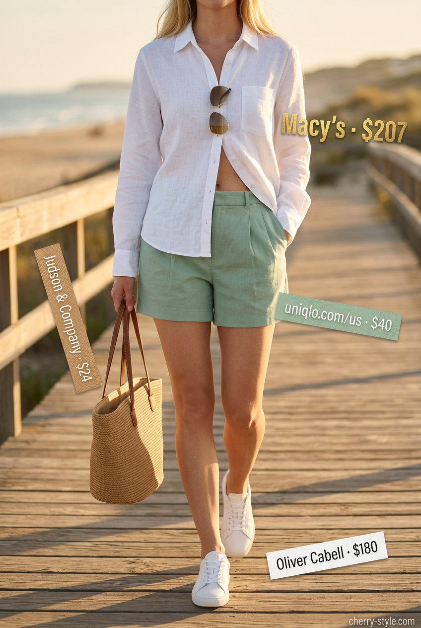 Linen Shorts Set: Vintage Summer Outfits for Women 2026 Mint green linen shorts set for vintage summer outfits for women 2026. Relaxed fit, white sneakers, straw tote, aviator sunglasses.