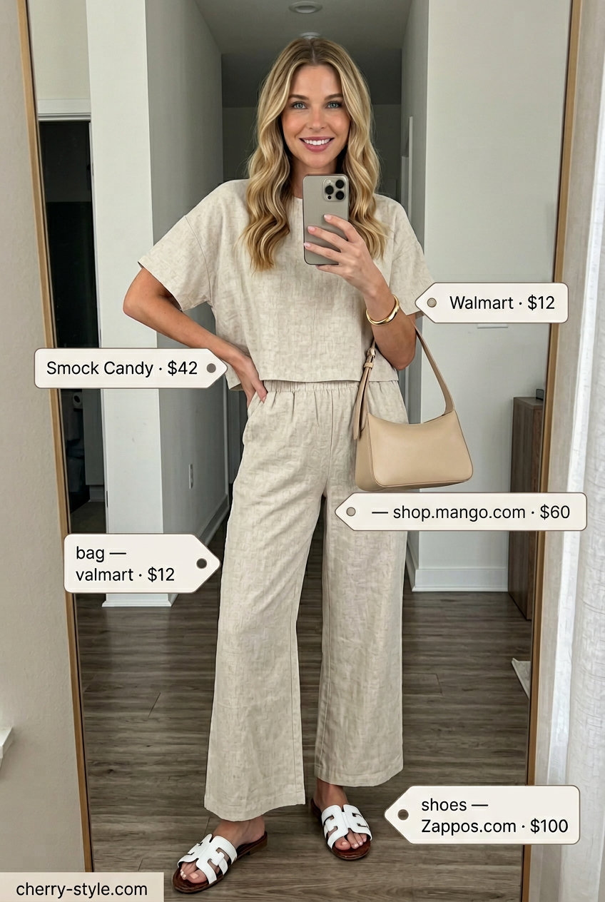 Monochromatic Linen Set: Vintage Summer Outfits for Women 2026 Vintage summer outfits for women 2026: Monochromatic beige linen set for resort wear and casual dinners.