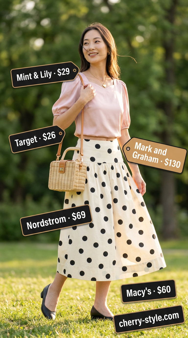 Picnic Midi Skirt | Vintage Summer Outfits 2026 Picnic perfect midi skirt outfit for vintage summer outfits for women 2026: pink blouse, polka dot skirt, black flats, wicker bag.