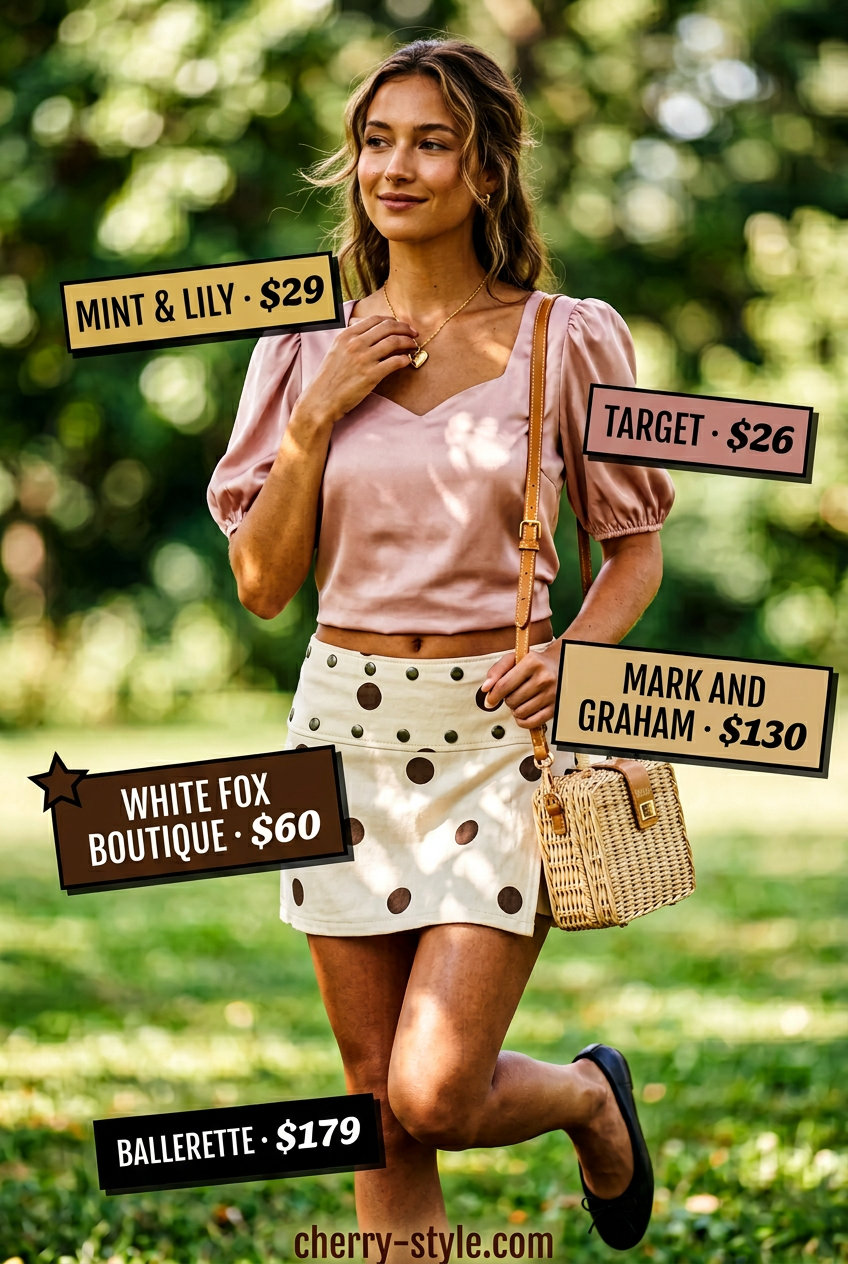 Picnic Mini Skirt | Vintage Summer Outfits 2026 Picnic mini skirt outfit for vintage summer outfits for women 2026: pink blouse, polka dot skirt, black flats, wicker bag.