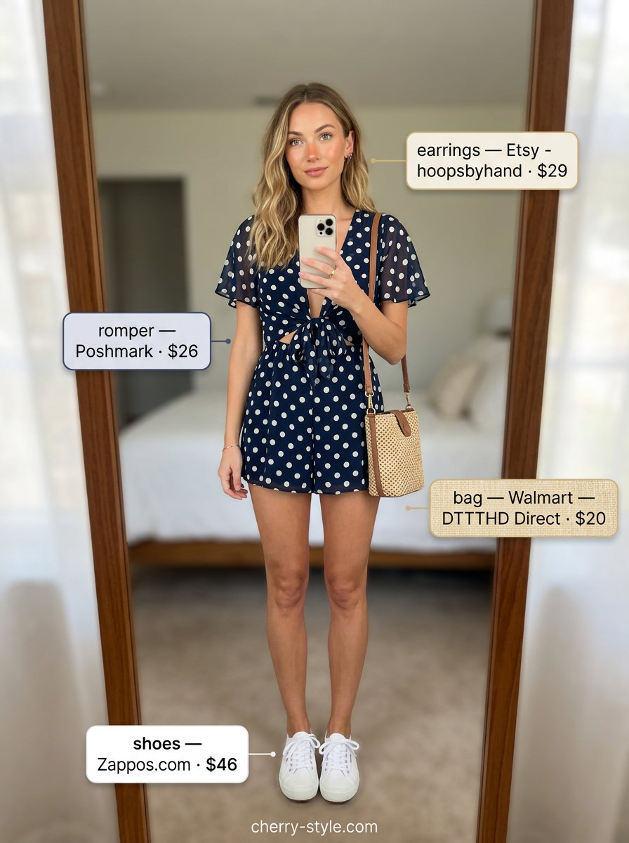 Polka Dot Romper: Vintage Summer Outfits for Women 2026 Vintage summer outfits for women 2026: Navy polka dot romper, sneakers & straw bag for a picnic.