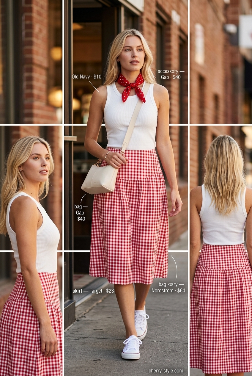 Retro Diner Date: Vintage Summer Outfits for Women 2026 Vintage summer outfits for women 2026: Red gingham skirt, white tank, bandana & sneakers for a retro diner date.