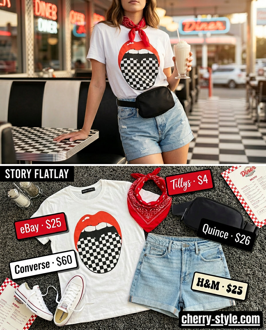 Retro Diner Outfit | Vintage Summer Outfits 2026 Retro diner outfit for vintage summer outfits for women 2026: graphic tee, denim shorts, bandana, belt bag, sneakers.