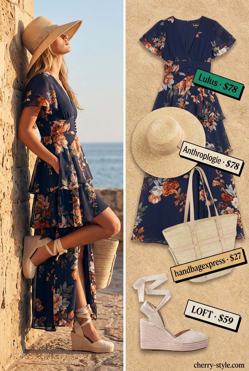 Seaside Maxi Dress | Vintage Summer Outfits 2026 Seaside maxi dress for vintage summer outfits for women 2026: floral dress, straw hat, espadrilles, straw tote.