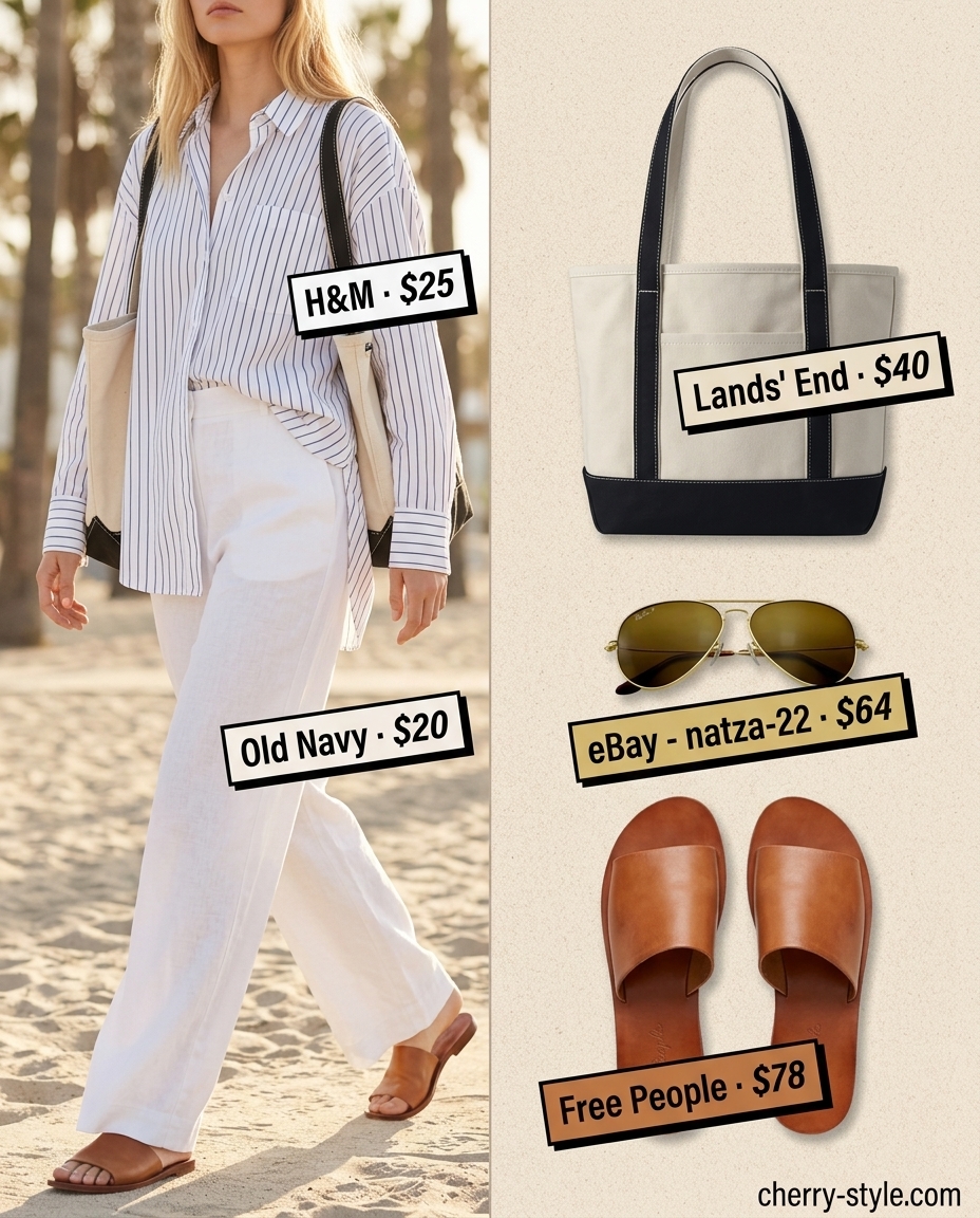 Relaxed white summer linen pants 2026 outfit with striped shirt, tan slides, and canvas tote for beach day.