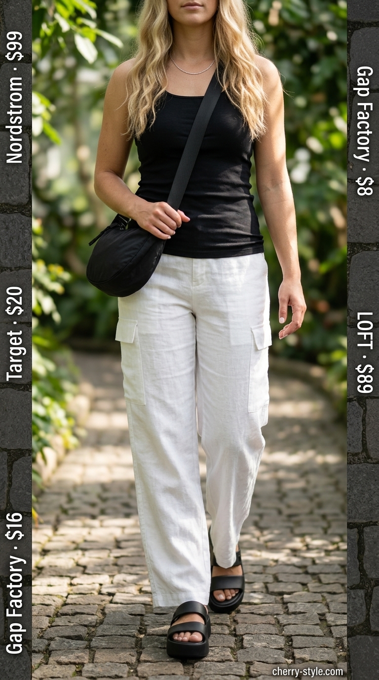 Trendy white summer linen pants 2026 cargo style with ribbed tank, chunky sandals, and crossbody bag.