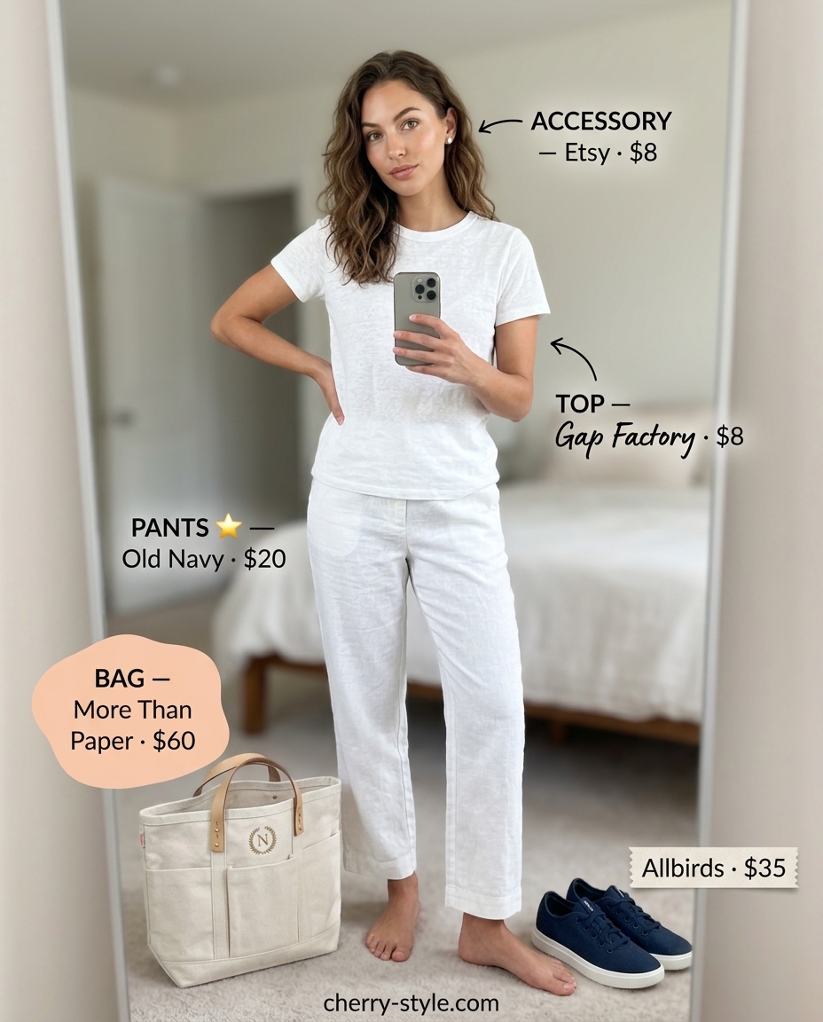Casual white summer linen pants 2026 outfit with grey tee, navy sneakers, and canvas tote for errands.