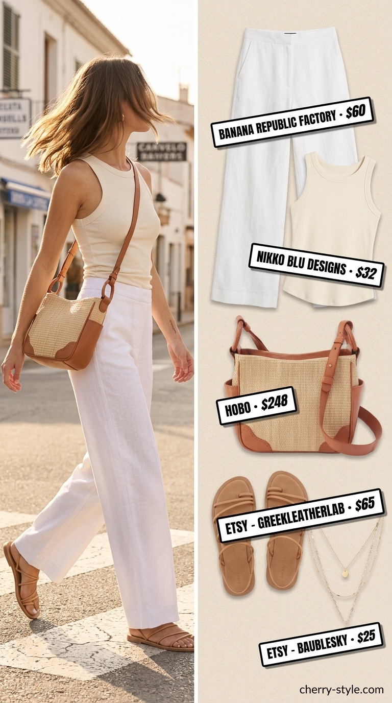 Coastal breeze white summer linen pants 2026 outfit with high-waisted pants, ribbed tank, and strappy sandals.