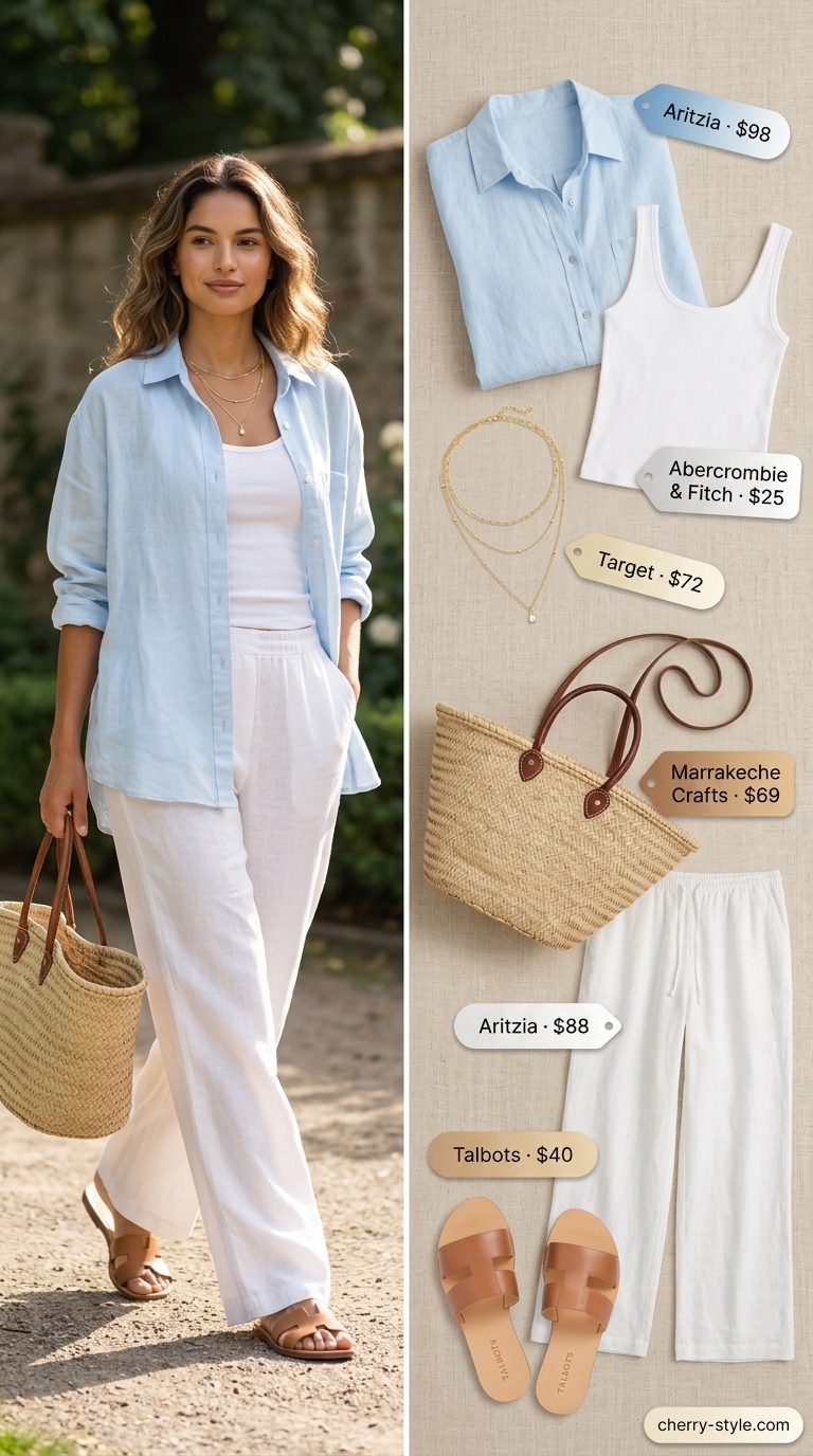 Chic white linen pants for beach days, styled with a sky blue linen shirt and straw tote.