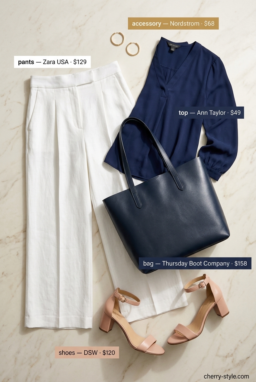 Sophisticated white linen culottes for office wear, paired with a navy blouse and nude heels.